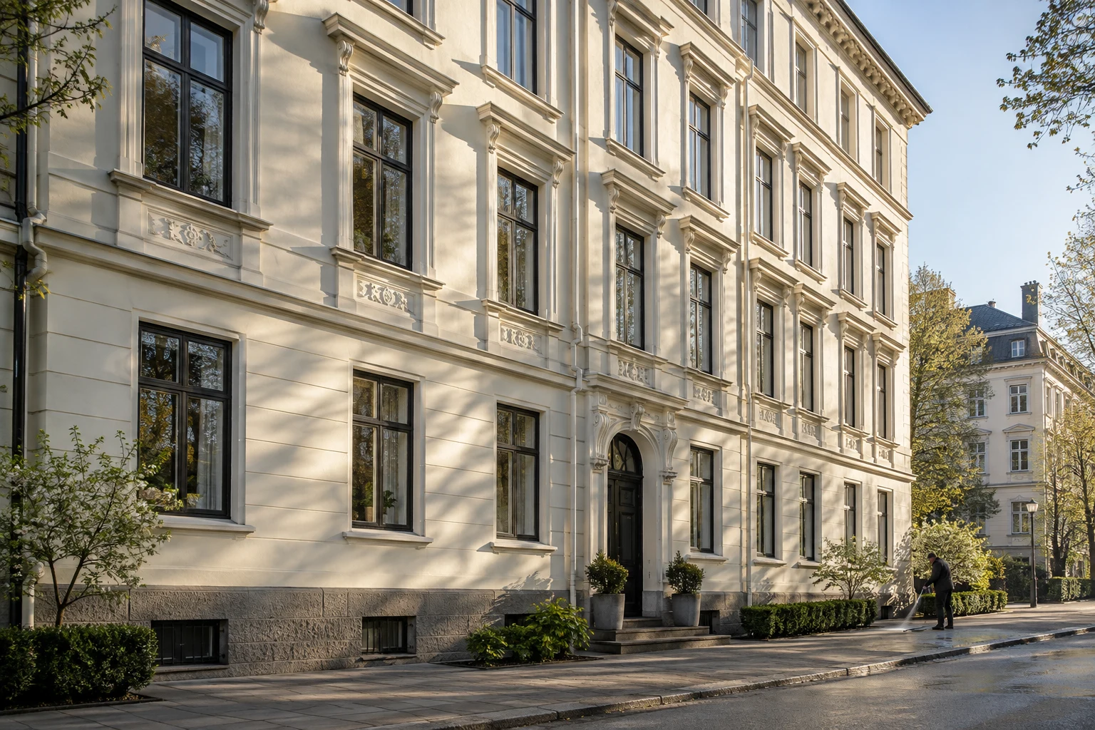 Illustrasjon av en lys, klassisk bygårdsfasade i Oslo